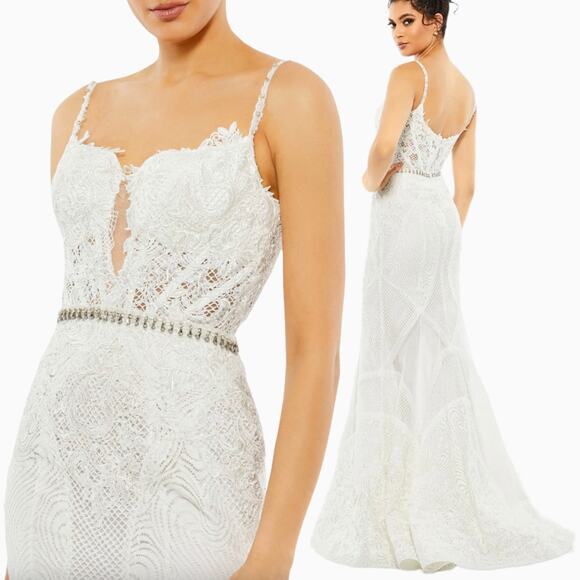 NWT Mac Duggal White Wedding Dress 14 Corset Plunge Trumpet Lace Gown - Picture 1 of 16